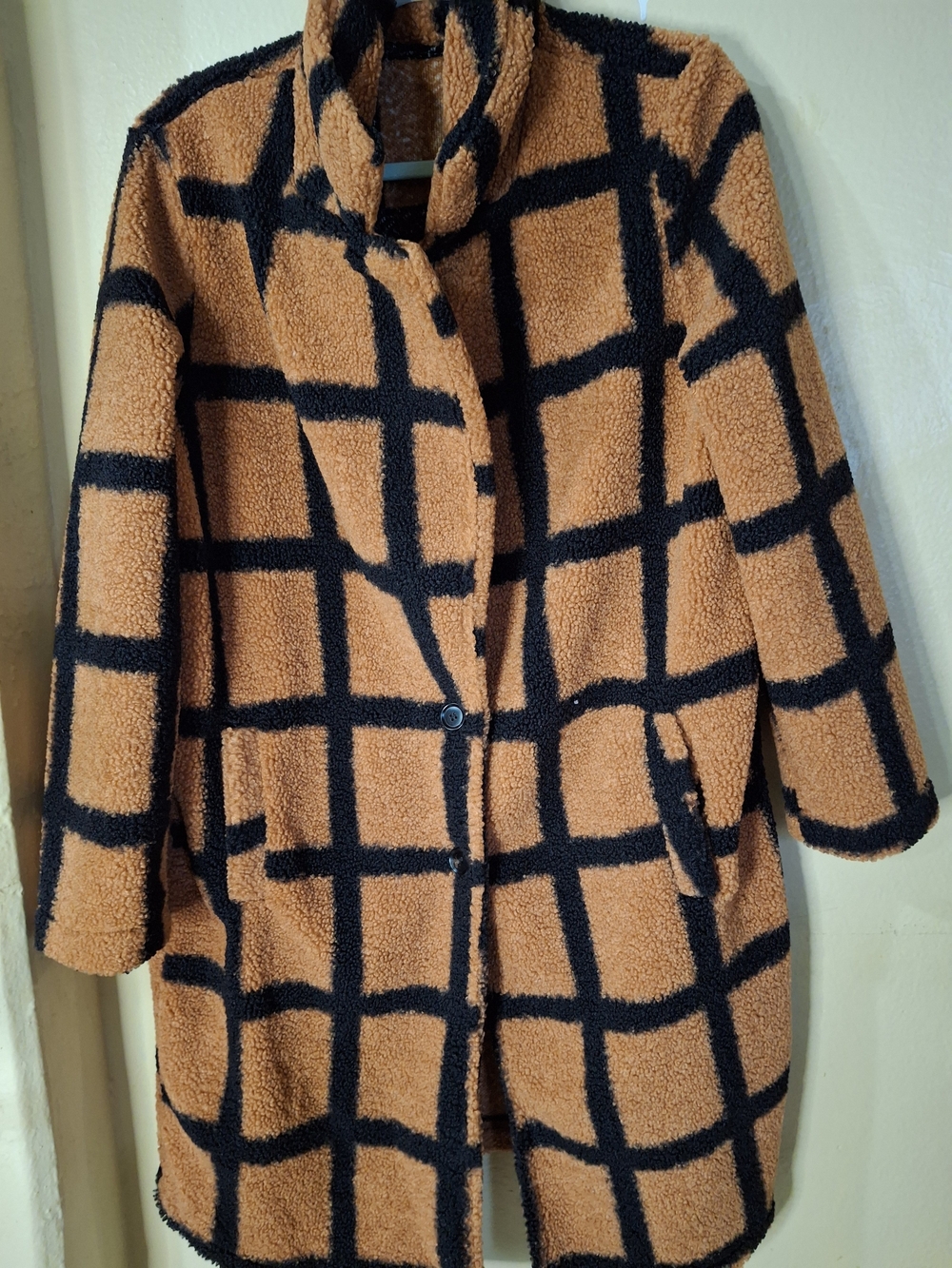 SHEIN Tan and Black Windowpane Teddy Coat